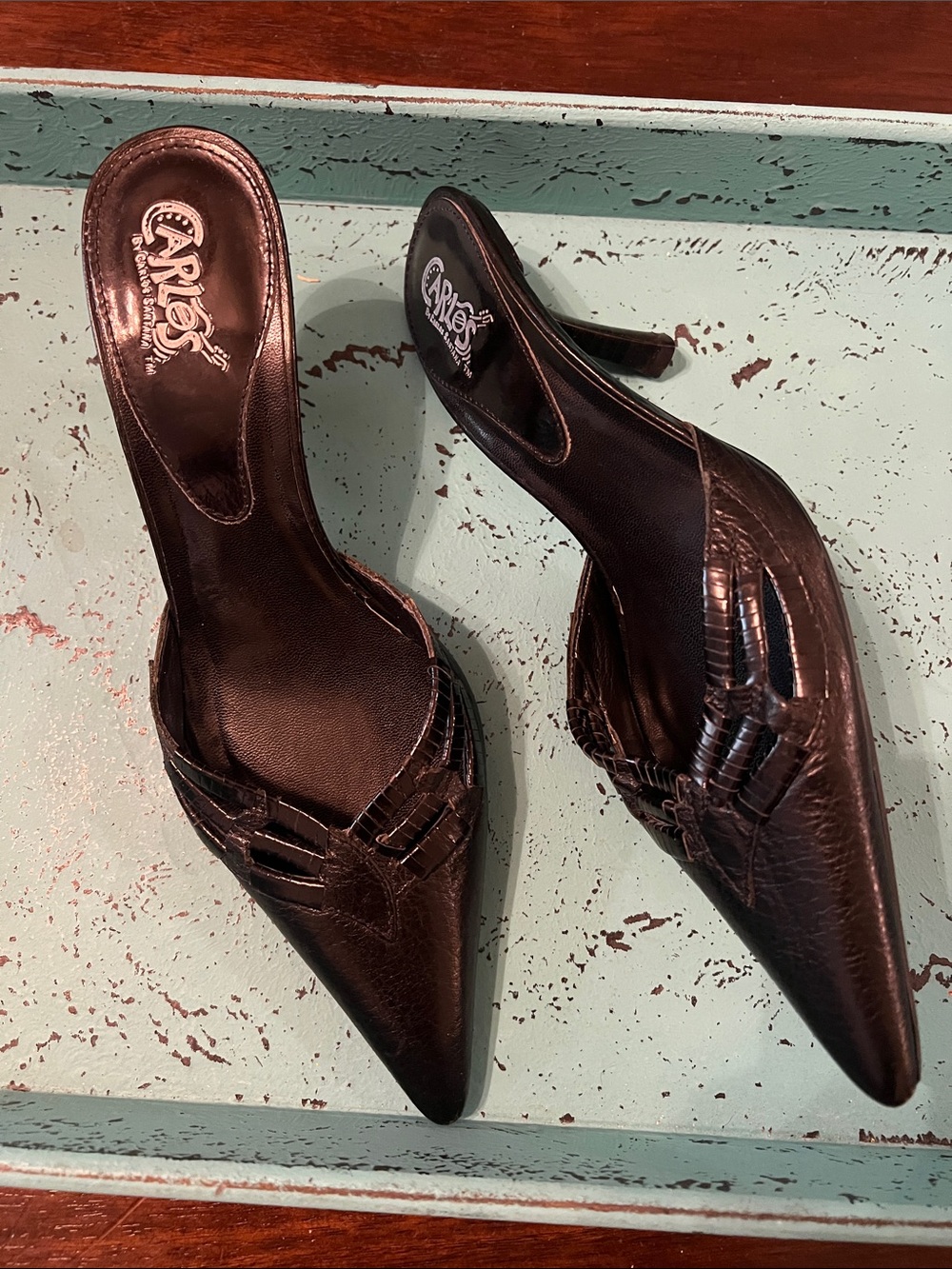 Carlos by Carlos Santana Black Pointed Leather Slip-On Mules